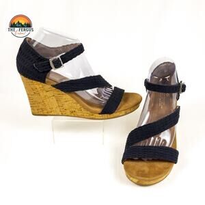 NEW Toms Clarissa Wedge Sandals Heels Black Textile Cork Open Toe Ankle Size 9.5